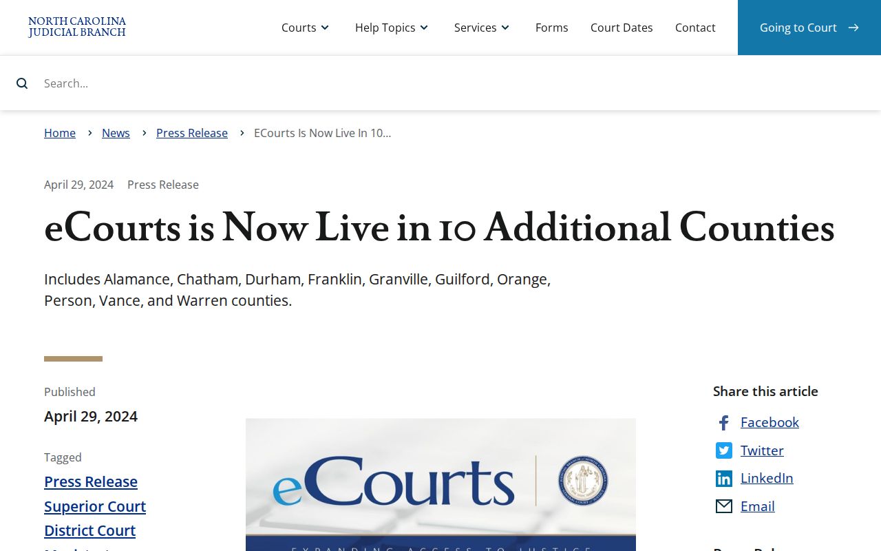 Vance County criminal court case eCourts launch announcement