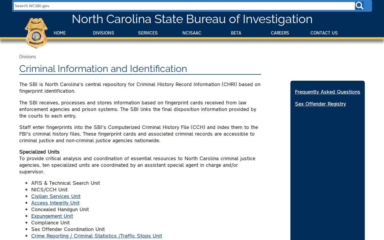 Vance County criminal history and North Carolina SBI repository