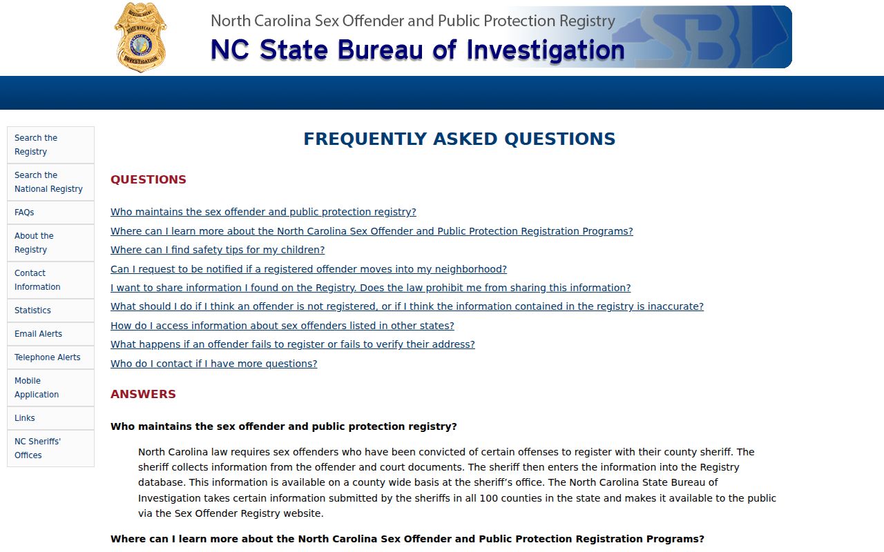 Vance County sex offender registry limitations and FAQ