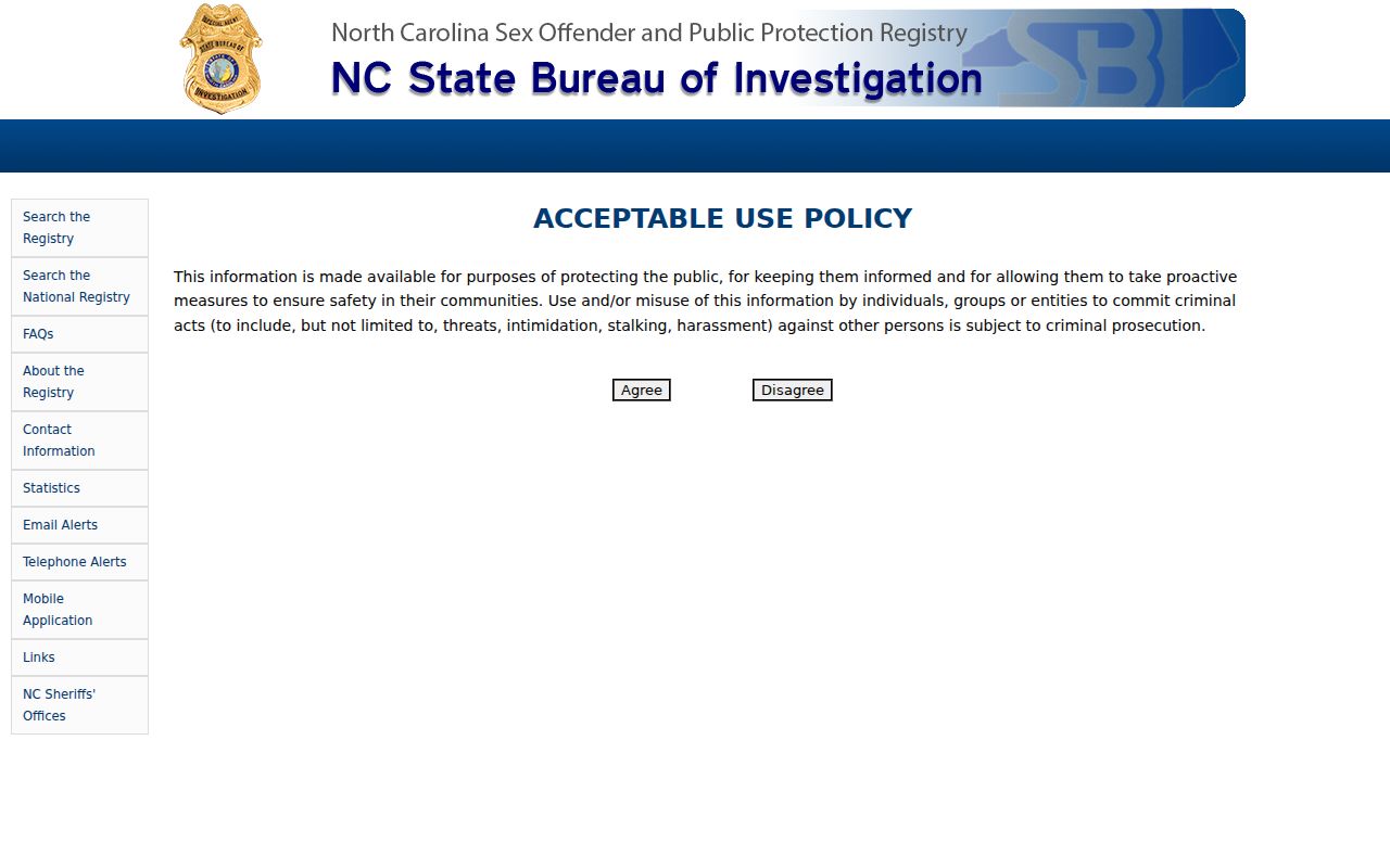 Vance County sex offender registry policy entry screen